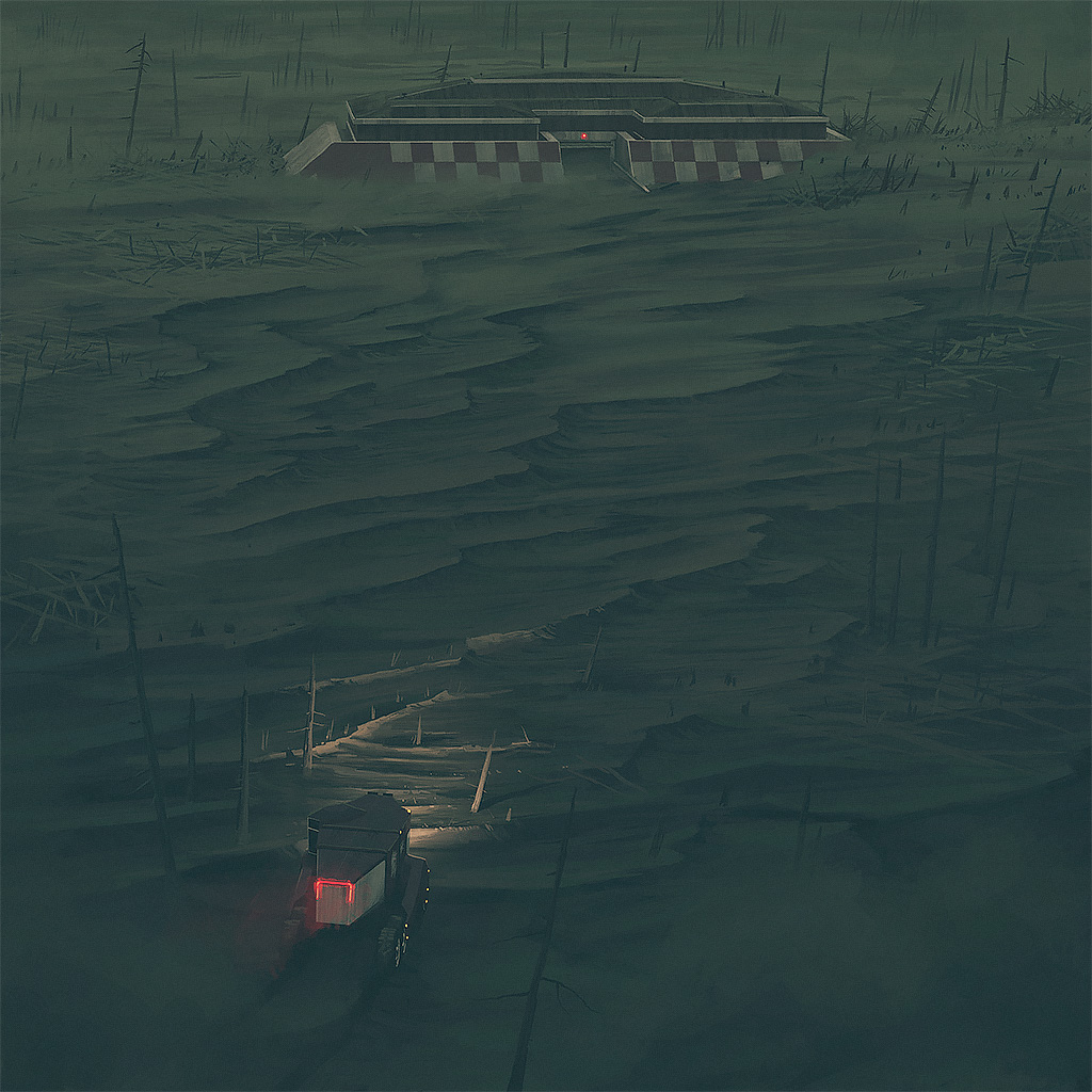 a desolate wasteland scene featuring a lone truck traveling towards a large, seemingly abandoned building, with barren land and dead trees surrounding it. the scene is shrouded in a mysterious, dark atmosphere, suggesting a postapocalyptic or dystopian setting. the truck is the only sign of life in this desolate landscape.