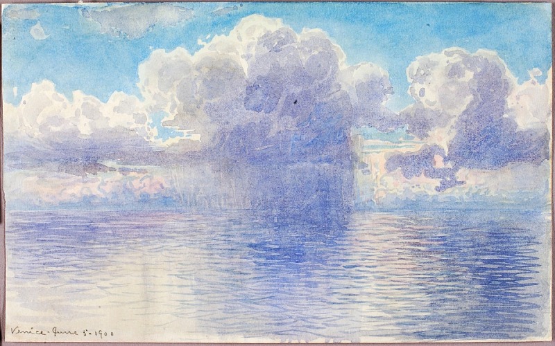 a watercolor painting titled "venice, june 5, 1900" depicts a seascape with an overcast sky filled with large, cumulus clouds. the water reflects the colors and light of the sky, creating a sense of depth and tranquility. a distinct cluster of clouds in the center appears to be releasing rain, with visible streaks descending towards the sea. the horizon is visible in the distance, adding to the painting's perspective.