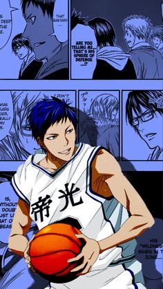 the image is from an anime manga comic book. it's about basketball. the image depicts a basketball player in a white jersey with blue accents. he is holding a basketball in his hands. the image is in blue and orange color tones. it's a closeup of the player and the basketball. the background is also from a comic book, with blue and orange colors.