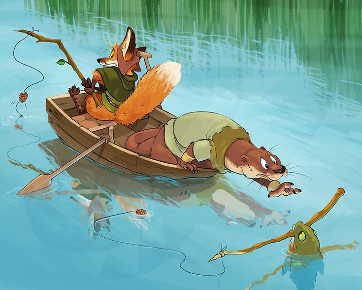 a cartoon image depicts a fox and an otter in a wooden boat on a river. the fox is sitting in the stern, holding a fishing rod with bait dangling in the water. the otter is leaning over the side of the boat, reaching towards a fish that is also holding a fishing rod in the water. the water is a clear blue color with reflections of the boat and the characters. the background features green reeds and foliage, suggesting a natural setting. the overall tone of the image is whimsical and adventurous, conveying a sense of friendship and playful interaction between the two animals.