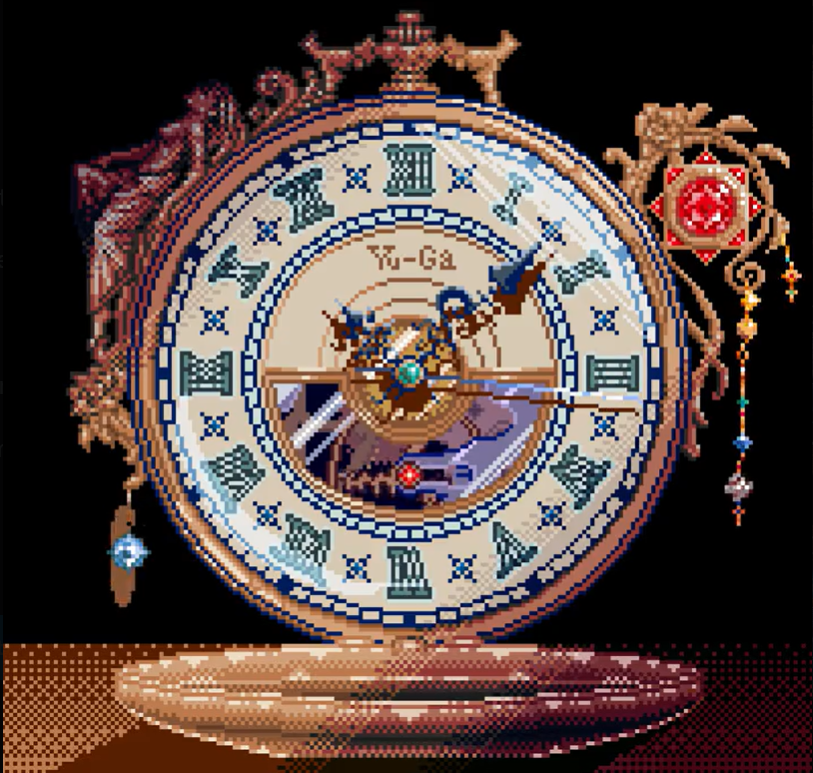 detailed pixel art image depicting an intricate, antique clock.  the clock face is ornate, featuring roman numerals, detailed gears visible through a glass cover, and a design that suggests a fantastical, possibly gamerelated, origin.  the clock's casing is adorned with golden embellishments and small statues or figures. a dangling jewellike element hangs from one side. the overall style is reminiscent of vintage or fantasy settings, possibly inspired by game art. the clock rests on a wooden surface.  the words "yuga" are visible on the clock face.