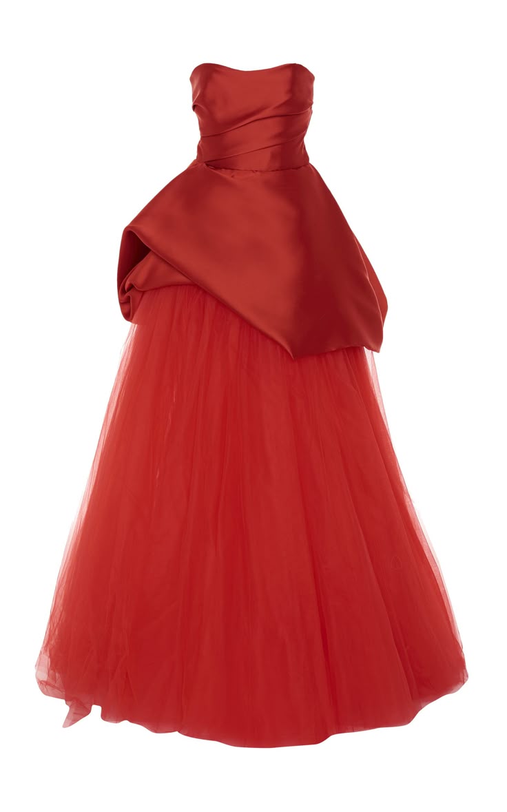 a red strapless gown with a draped bodice and a tulle skirt is displayed on a white background.