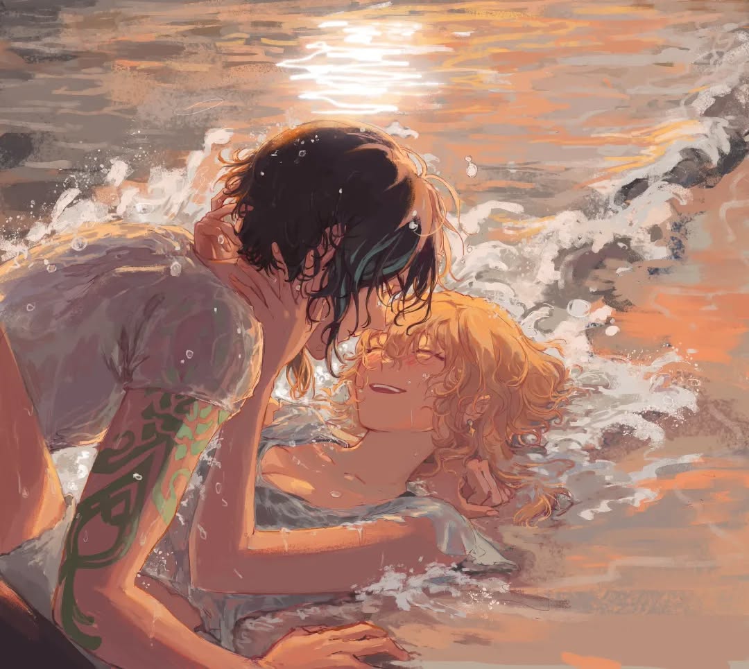 the image is a digital painting depicting a romantic scene between a young man and woman at the beach during sunset. the couple is partially submerged in the ocean waves. the man, with dark hair and a green tattoo on his arm, is leaning over the woman, who has light blonde hair, and appears to be kissing her. the woman's eyes are closed, and she has a serene expression on her face. the ocean is depicted with soft, warmcolored waves, enhancing the romantic and peaceful mood of the scene. the art style is reminiscent of anime or manga, featuring soft lines and painterly brush strokes that give a slightly whimsical and dreamy quality to the artwork.  the overall tone is one of passionate affection and intimacy.