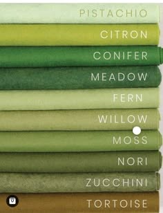 a chart of green fabric swatches, arranged from light to dark green. each fabric swatch has a white text label at the top, describing the shade of green, starting with pistachio and ending with tortoise.