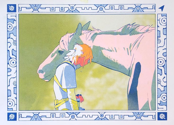 the image is a stylized artwork depicting link from the legend of zelda: breath of the wild series. he is shown resting his head against a horse, possibly epona, in a soft, pastel color palette. the overall style is reminiscent of both traditional illustration and modern digital art techniques. the characters and horse are simplified in form, but expressive, with a focus on their bond.  the artwork is framed by a distinct geometric border with symbols. the background is a muted, yellowishgreen hue.