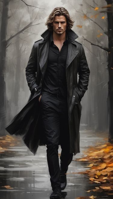 a man wearing a black coat and black clothes is walking down a road in an autumn scene. the ground is covered in leaves and there are trees in the background. the man has long hair and is good looking. the image is a digital art painting.