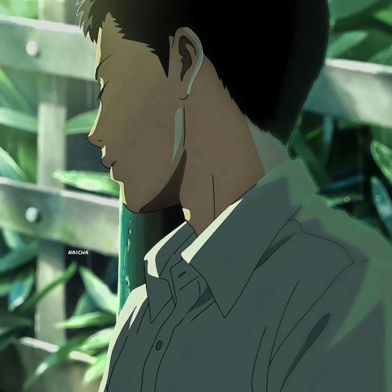 the image shows a young man with short dark hair, from the shoulders up, facing left in profile.  he is wearing a white buttondown shirt and appears lost in thought.  the setting appears to be outdoors, as suggested by the dappled light filtering through leaves in the background, creating a serene and peaceful atmosphere.