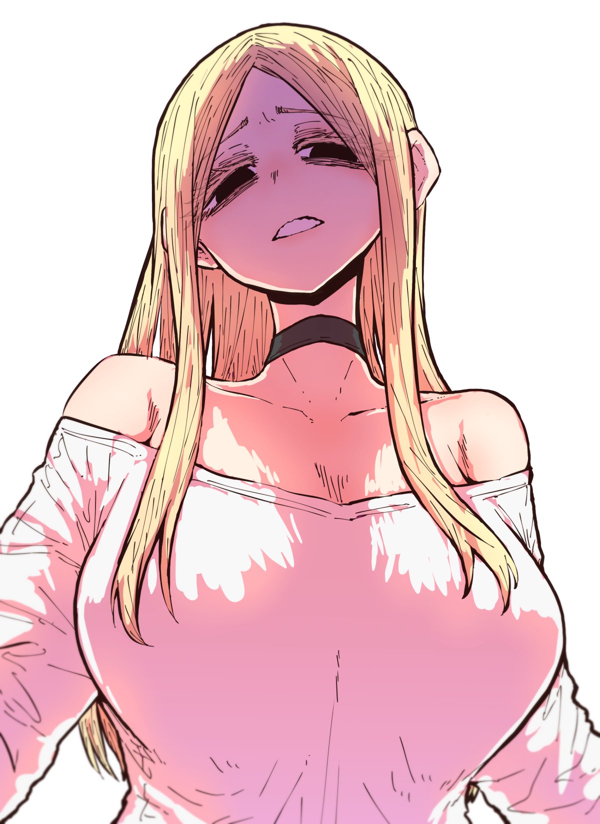 a drawing of an anime girl with blonde hair, pink cheeks and pink top. she has closed eyes with a sad expression and is wearing a black choker.