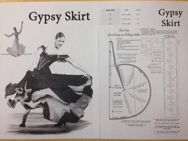 this image shows a twopage spread of a vintage pattern for a "gypsy skirt." the left page has the title "gypsy skirt" with a black and white image of a woman in a flowing skirt striking a dance pose. there is also a smaller image of a dancer in the background. the right page includes the title "gypsy skirt," a size chart, and a cutting layout diagram for the skirt. the text "tutu.com specializing in all things ballet" is also present.