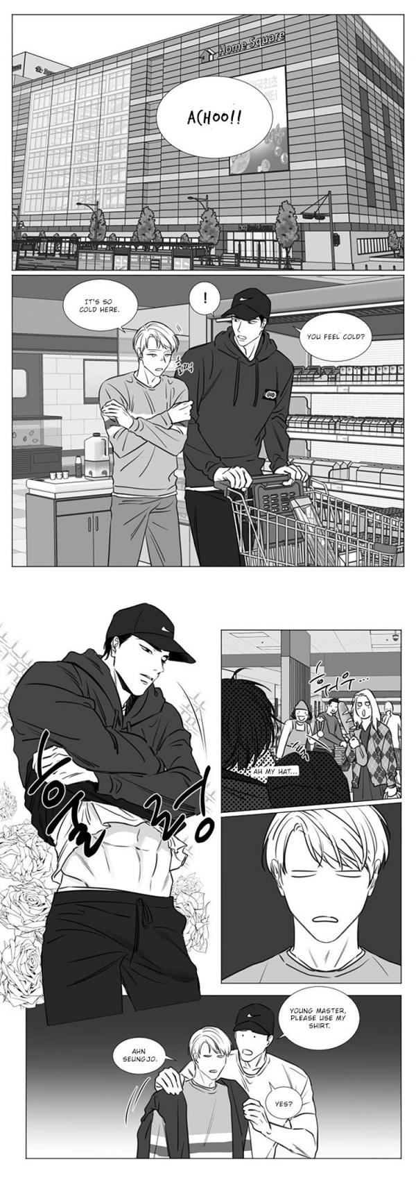 his is a page from a korean manhwa (webtoon) depicting a romantic relationship between two young men. the story unfolds across several panels. the first panel shows a city scene with a large building.  the subsequent panels show various interactions between the couple.  one panel shows them in a grocery store.  another panel shows one of the men shirtless, showing his abdominal muscles.  other panels show them interacting in what appears to be a more private setting. the overall style is black and white and the mood is romantic and intimate.