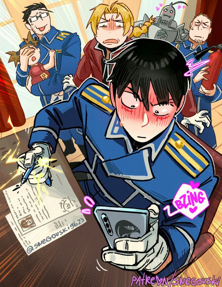 the image is a vibrant, stylized fanart piece depicting several characters from the popular anime and manga series fullmetal alchemist.  the main focus is on a blushing ed elric, who appears to be nervously filling out paperwork while looking at his phone.  surrounding him are other iconic characters like al, roy mustang, a younger version of winry, and maes hughes. the scene is playfully chaotic and suggestive of a lighthearted moment within the series' universe.  the art style is reminiscent of modern anime aesthetics with exaggerated expressions and bold colors.  a playful "bzing" effect is added to highlight the phone action.  there are subtle references to events and characters from the show, adding depth for fans.  the image’s overall tone is cheerful and captures the essence of camaraderie amongst the characters.