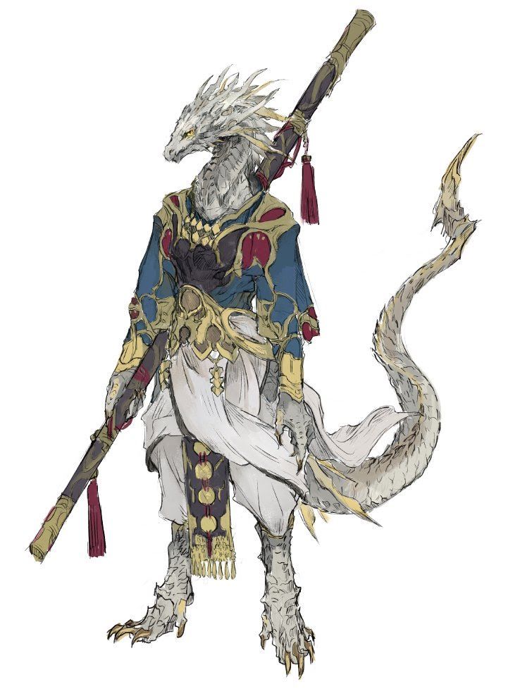 this illustration depicts a fantasy creature with a humanlike body and head, except for its scaled, reptilian tail and claws. the figure is wearing a white robe with golden embellishments, a dark blue jacket with red accents, and a gold belt.  they are holding a staff topped with a red tassel, which appears to be a weapon. the creature's eyes are black and its scales are white. the overall design of the creature and their attire is reminiscent of traditional chinese and japanese cultures.