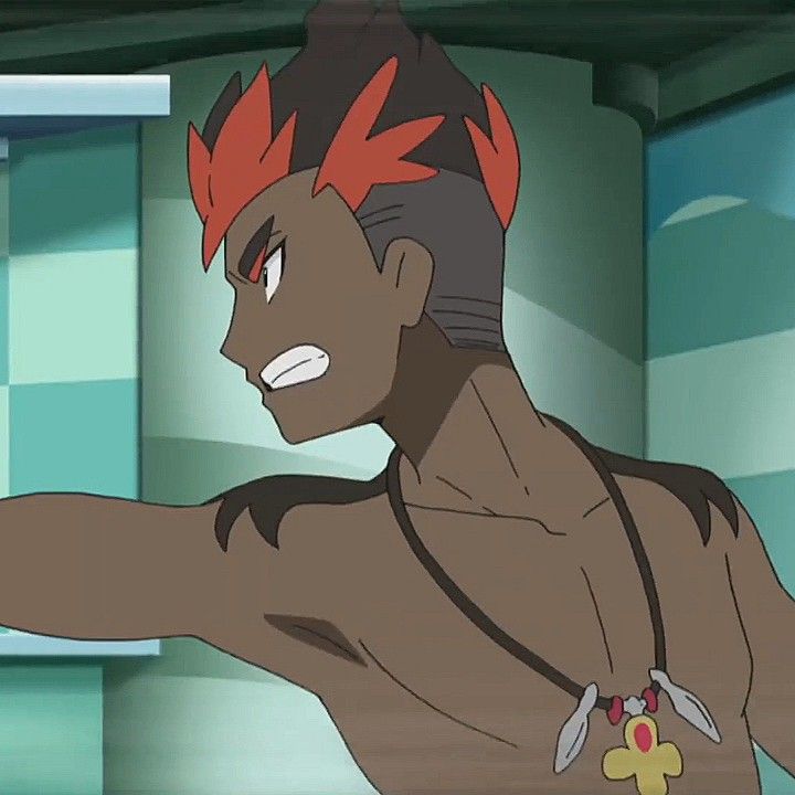 a close up of a male anime character with bare chest and red hair, with an angry expression on his face.  the character is wearing a necklace with a pendant.