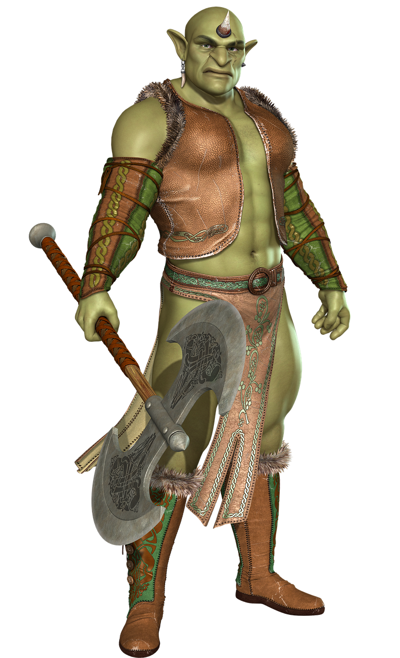 a full body digital art image of a greenskinned, muscular ogrelike character, holding a large axe. the ogre has a single horn in the middle of his forehead and wears leather armor and boots. he stands against a black background.