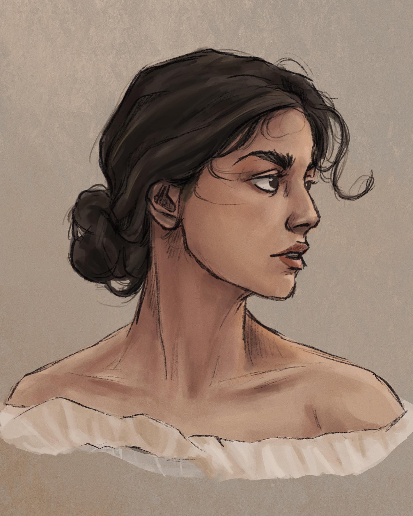 the image is a digital painting or illustration of a young woman's portrait. she is shown from the shoulders up, with her head turned to the side, presenting a profile view.  her dark brown hair is styled in a loose bun at the nape of her neck. she has a serious or thoughtful expression, and her gaze is directed away from the viewer. the woman is wearing a simple, offtheshoulder garment, light in color. the background is a muted, neutral tone. the style is realistic, with soft shading and attention to detail in the skin tones and hair. the overall mood is elegant and slightly melancholic.