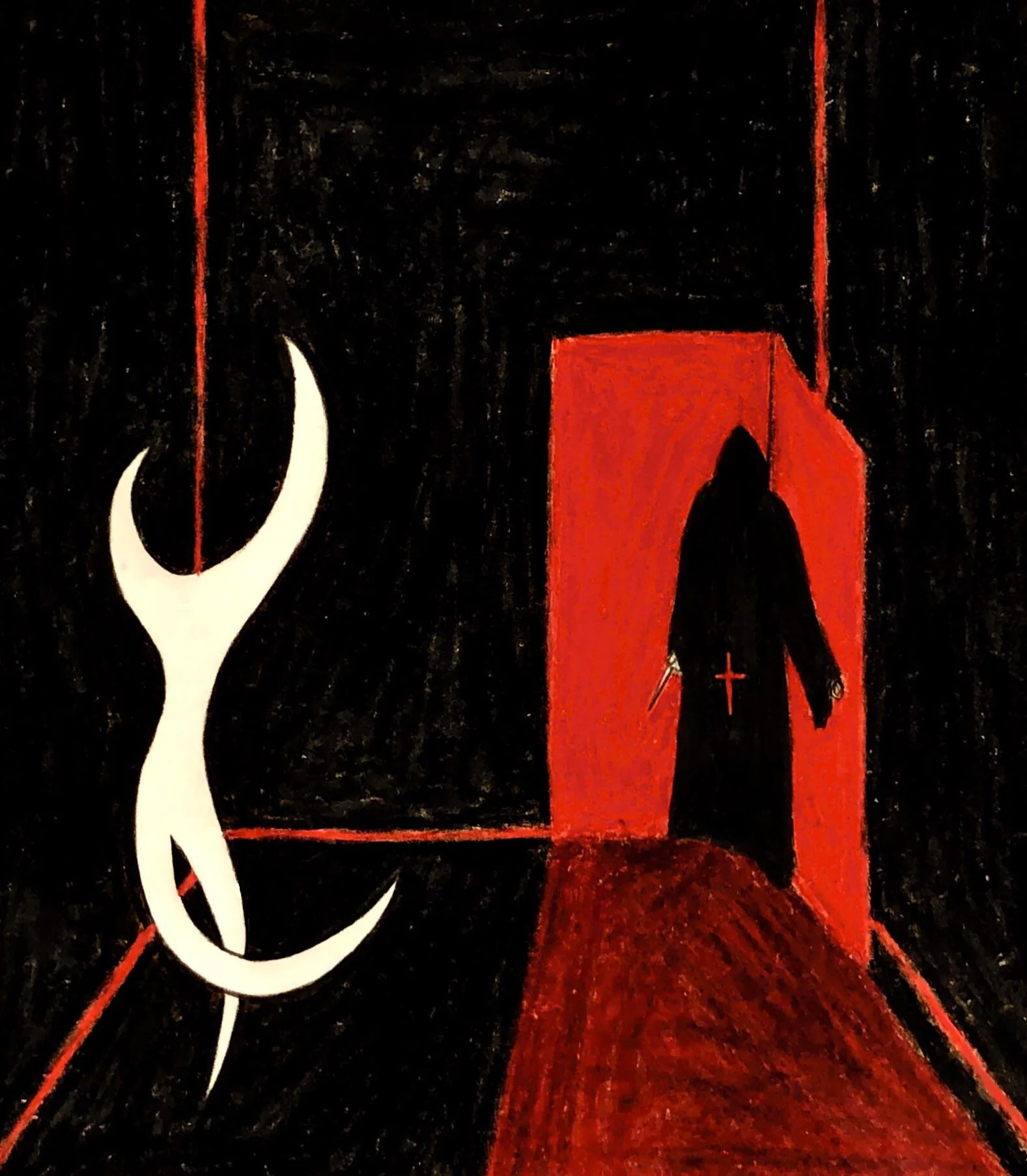 the artwork is a stylized, abstract piece dominated by dark red and black tones.  it depicts a minimalist scene appearing to be inside a dark room, a corner defined by sharp red lines. a white, almost biomorphic, figure dominates the left side, its form curving and fluid. on the right, a dark figure, robed and hooded, stands in a red alcove, holding what looks like a knife. the hooded figure wears a cross, suggesting a religious or possibly sinister context. the overall mood is ominous and mysterious, suggesting an encounter or confrontation between the two figures. the style appears to be a drawing executed using pastels or crayons, giving the image a textured quality. the stark colors and simple forms contribute to a sense of unease and symbolic weight.