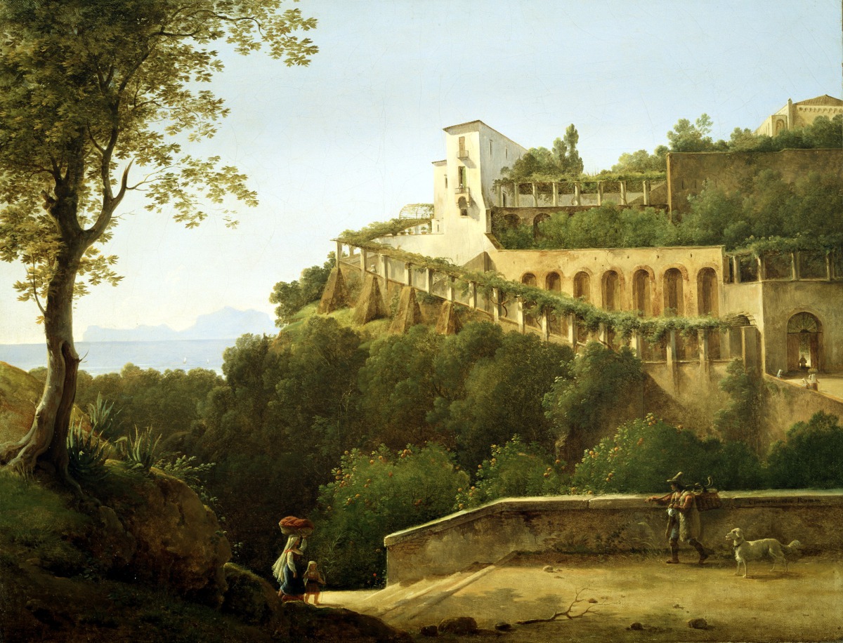 a landscape painting depicts a grand building complex situated on a hillside, with lush greenery and a distant sea view. a large tree frames the left side of the composition. the architectural details include terraces, arches, pergolas, and multiple levels of buildings. small figures of people are present, including a woman carrying a basket on her head accompanied by a child, and two men standing with a dog on a paved area. the overall scene conveys a sense of tranquility and classical beauty.