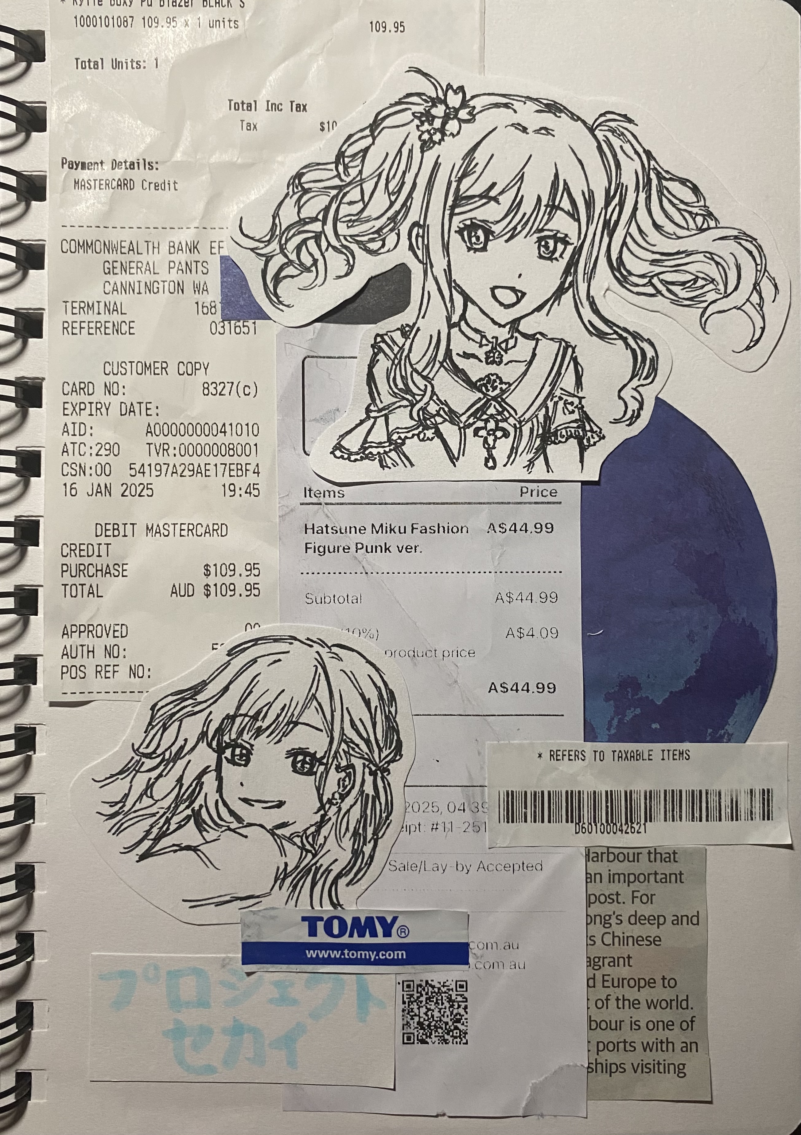the image shows a page from a spiral notebook filled with receipts, illustrations, stickers, and text. two animestyle illustrations are visible. various receipts are attached to the page, including a debit mastercard receipt from commonwealth bank and a receipt with the item "hatsune miku fashion figure punk ver." a tomy sticker and text in japanese are also present.