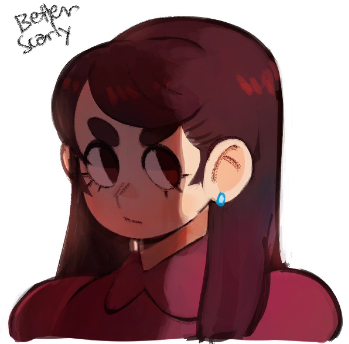 a closeup, digital illustration of an animestyled young woman with long dark brown hair. she is wearing a red dress and has a blue earring in her ear. her eyes are wide and black with a single red highlight. she is smiling and looking to the left of the frame. the image is welllit with a soft shadow under her face.