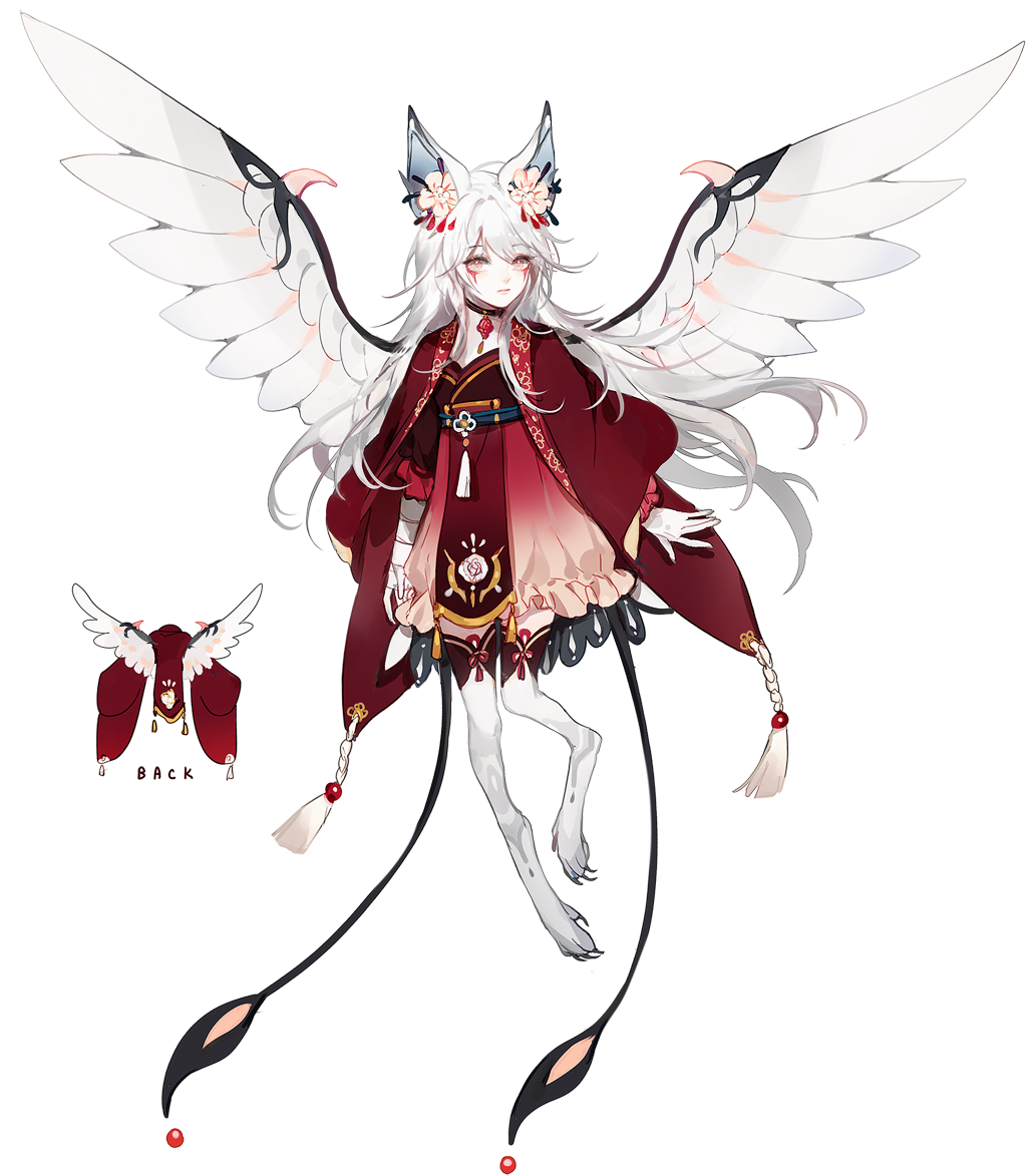 this is a digital illustration of an anime girl with white hair and red eyes. she is wearing a red dress with white feathers, and she has wings. the background is white. this is a cute and beautiful artwork of an anime character.