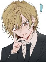 an anime style drawing of a cute blond haired boy, wearing a black suit and white shirt, is deep in thought while looking to his right. he is stroking his chin with his hand, his finger is under his chin. he has a thoughtful expression on his face. a speech bubble on his right with  a blue symbol inside, indicates that he is thinking.
