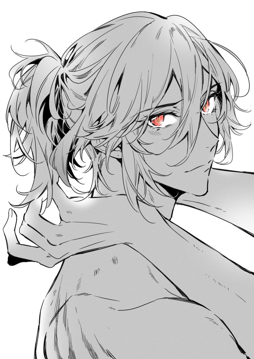 a black and white drawing of an anime boy with long hair, red eyes, and a serious expression. he is looking away from the viewer and appears to be sad or in pain. the drawing is done in a minimalist style with simple lines and shading.