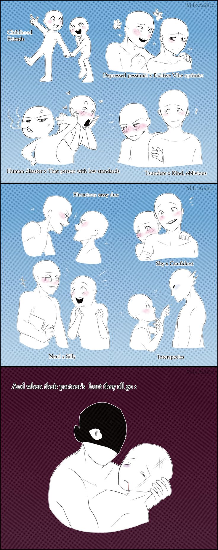 this image is a comic strip that depicts different types of couples and their interactions. the strip is divided into several panels, each of which shows a different couple in a specific situation. for example, one panel shows a tsundere couple, where the tsundere character is shown to be blushing and shy when their partner is close to them. another panel shows a "nerd" and "silk" couple, where the silk character is shown to be flirting with the nerd character. the final panel shows a couple who is very close to each other, with the caption "and when their partner's love they all go." the comic strip is humorous and relatable, and it is sure to resonate with people who are familiar with the types of couples depicted in it.
