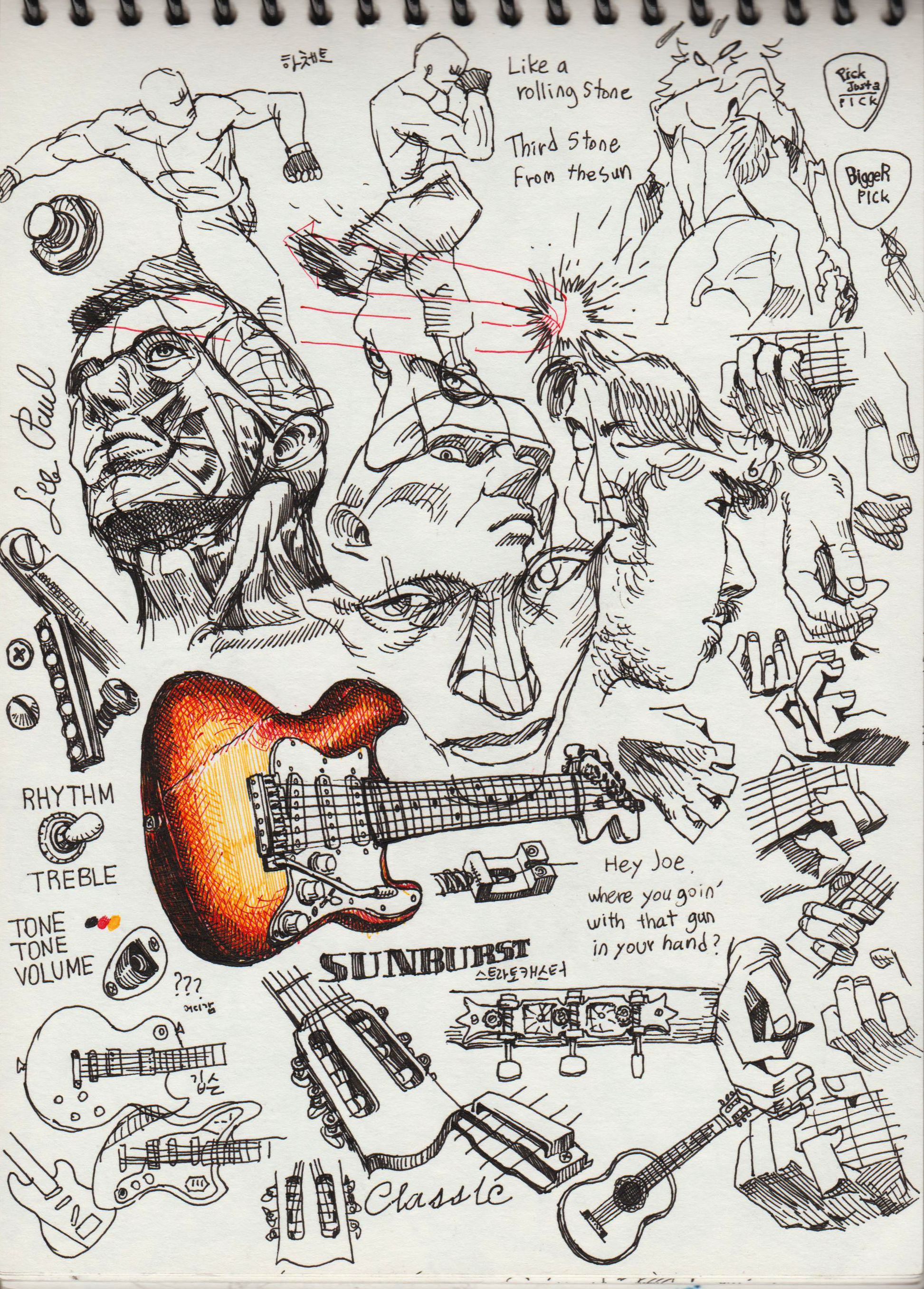 this is a drawing of a variety of guitars, including a les paul, a stratocaster and a classic gibson. the drawing is very detailed and includes a lot of musical notes and doodles. it also includes some  drawings of hands holding guitars. the title of the drawing is "les paul," and it is a very expressive and creative piece of art.