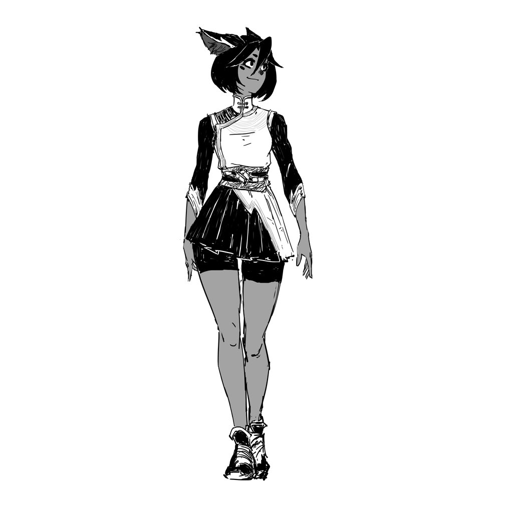 a grayscale sketch of a female anime character. she has short black hair, catlike ears, and is wearing a short black and white outfit with a pleated skirt. she is standing in a relaxed pose, and her expression is calm. the style of the artwork is loose and expressive.
