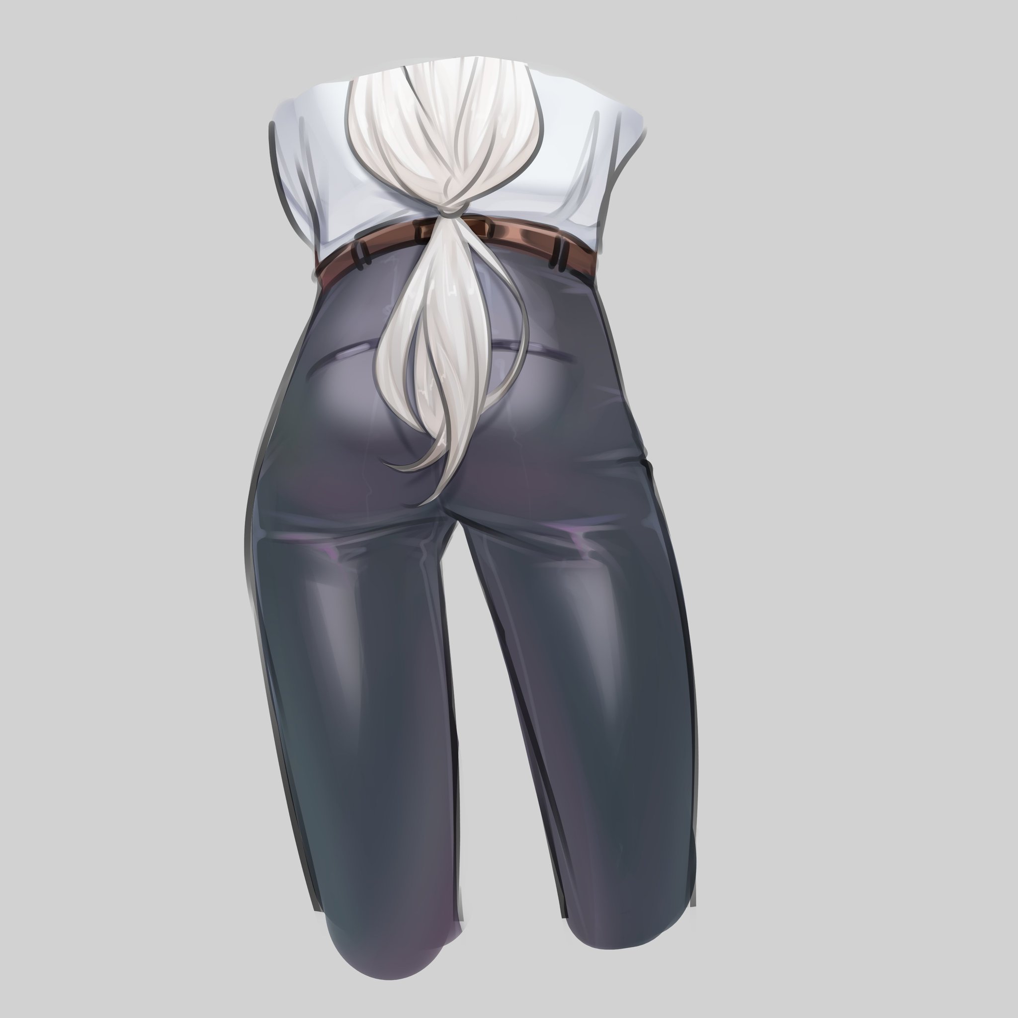 this is a drawing of a woman with white hair in a ponytail, a white shirt with a brown belt and black leather pants. the drawing is focused on her bottom half, with the rear view shown and the top half of her body cropped out. the background is a pale grey.