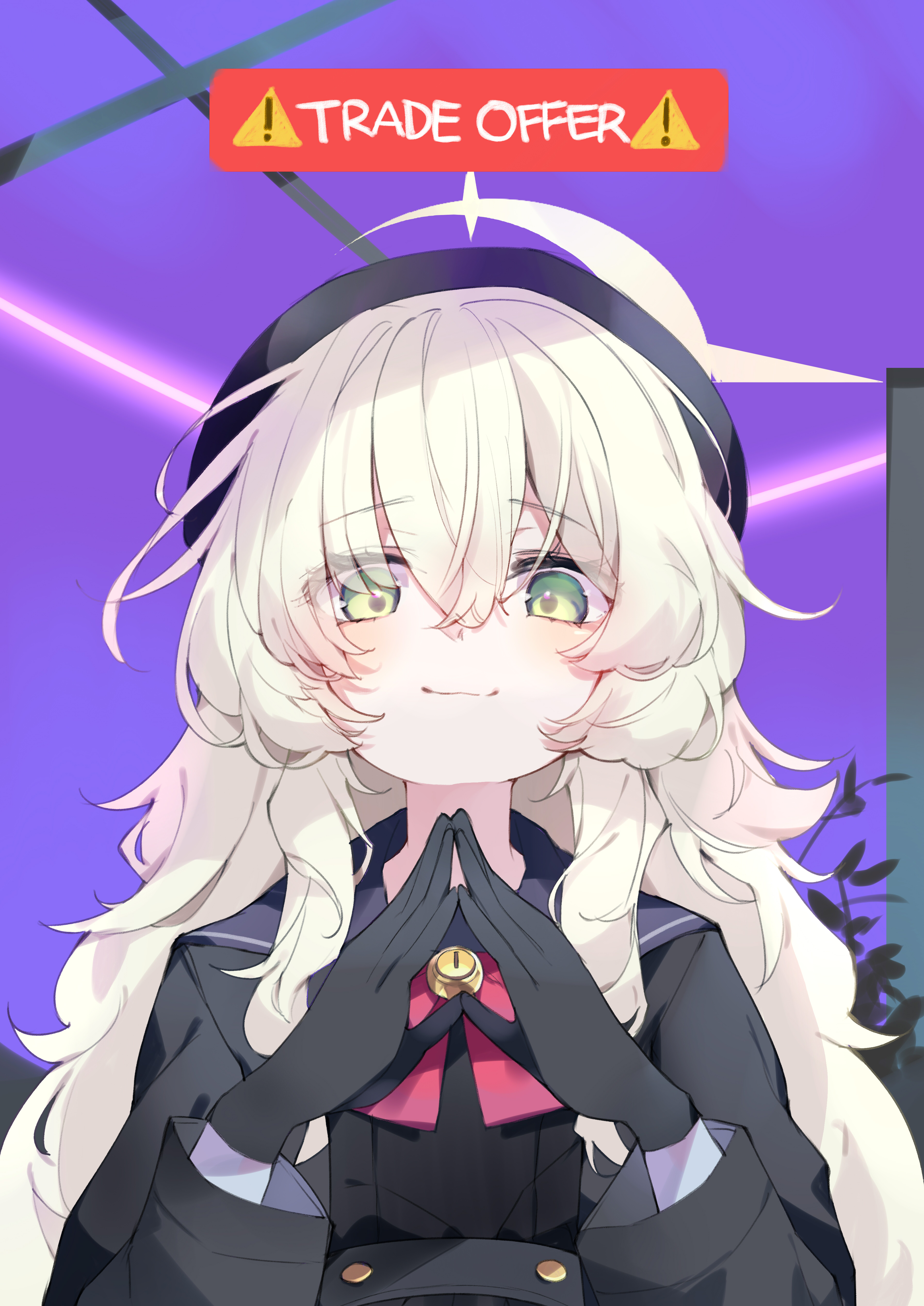the image is a digital drawing of a cute anime girl with long blonde hair and green eyes. she is wearing a black school uniform and black gloves. her hands are clasped together in a pleading gesture.  a red banner at the top says "trade offer!" with exclamation points. the background is purple with neon pink highlights, suggesting a virtual or online setting. the overall style is chibi, with exaggerated features and a playful feel.