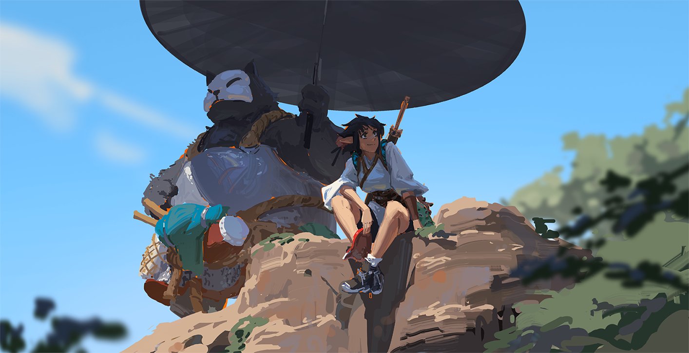 the image is a digital painting that depicts a whimsical scene featuring a young woman with pointed ears sitting on a rock with a large, anthropomorphic animallike creature. the woman has dark hair, light skin, and is wearing a flowing, lightcolored top and shorts.  she is holding a sword at her back and has a backpack. the creature appears to be a large bear or similar animal with a masklike face and is holding a large black umbrella. the setting is a rocky outcrop in a landscape of hills and trees under a bright blue sky. the style is stylized and painterly, with loose brushstrokes giving it a dreamy, slightly surreal quality. the scene is peaceful and calm, suggesting a journey or a moment of rest.