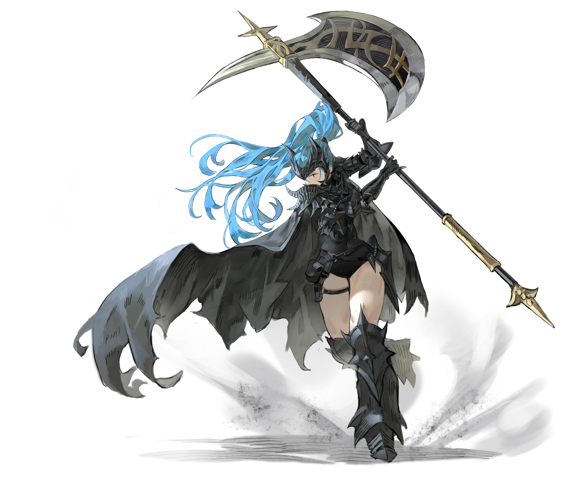 an animestyle illustration depicts a female warrior with long, flowing blue hair, clad in dark, spiked armor and a tattered black cape. she holds a large, ornate battle axe over her shoulder. the art style is detailed with a painterly texture.