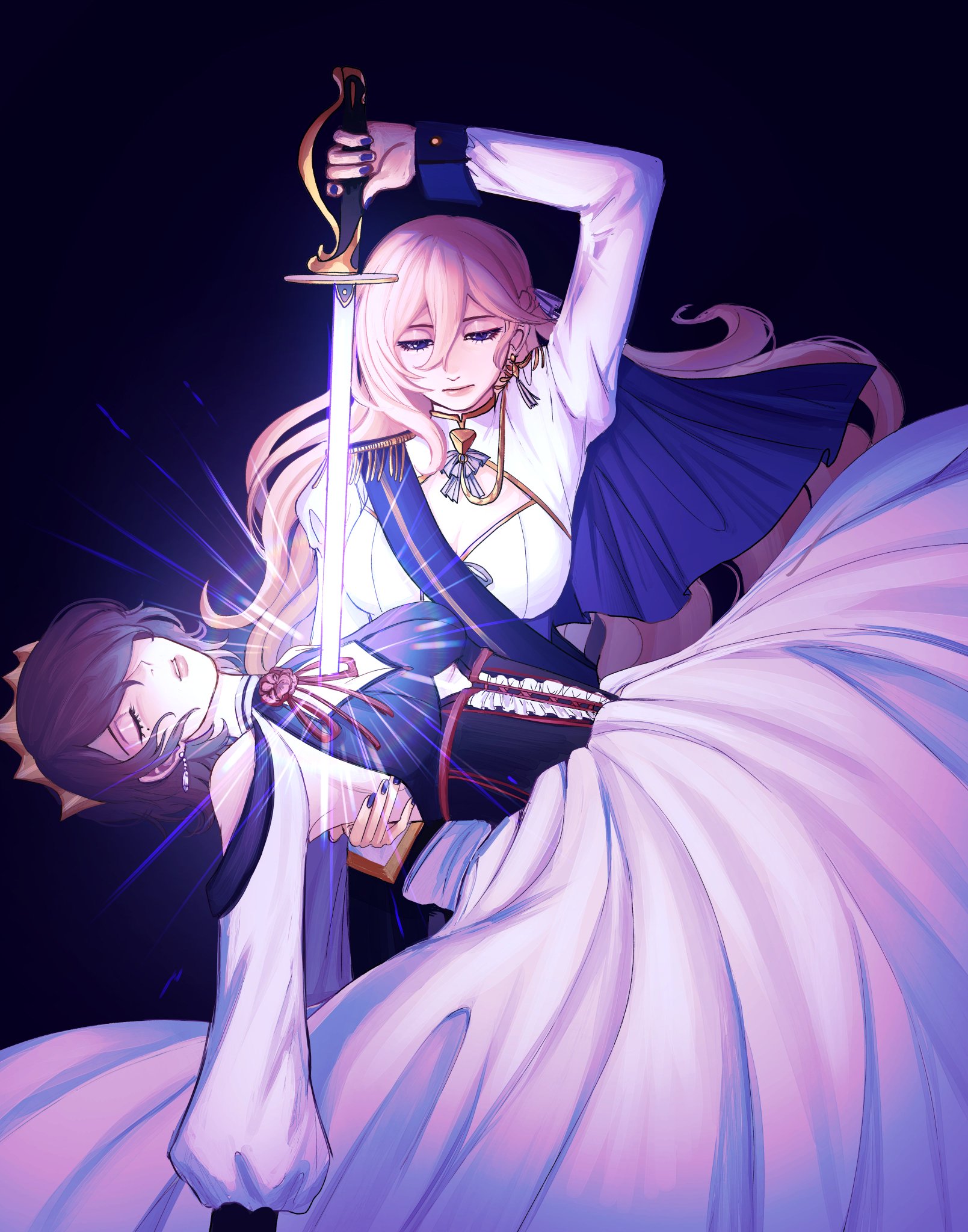 the image is a digital illustration of two anime girls fighting. the girl on the top is holding a sword and is about to stab the other girl. the girl on the bottom is wearing a white dress and a black corset. the image is set in a dark background with a purple and blue color scheme. the illustration is very dramatic and shows the tension of the fight.
