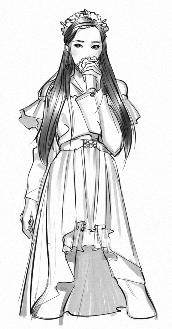 this black and white sketch features a female kpop idol in a dramatic performance pose. she wears a flowing, layered dress with offtheshoulder sleeves and a large floral crown. her long hair cascades down her back as she holds a microphone to her lips, seemingly lost in the music. the artist uses varying line weights and shading to create depth and movement in the clothing and hair. the background is left blank, drawing all attention to the captivating figure of the singer.