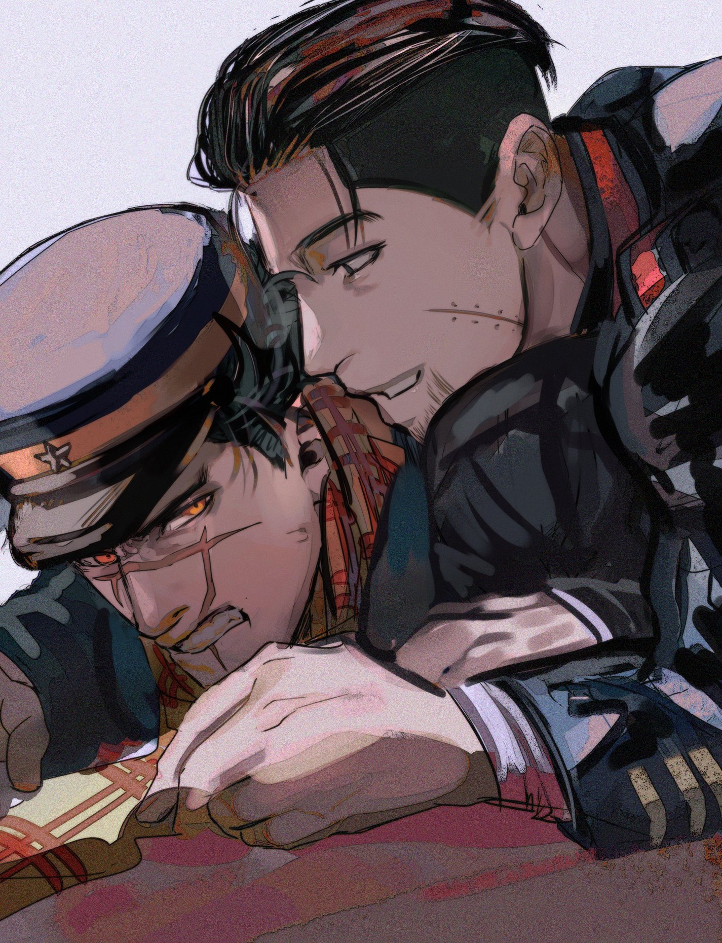 the illustration shows two men in military uniform. the man on the top appears to be holding down the man on the bottom, their faces are close together and their expressions are intense, conveying a sense of conflict or struggle.