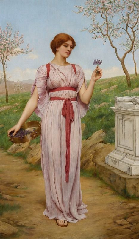 a full shot of a painting depicting a woman in an ancient or classical setting. she is standing outdoors in a landscape with trees in bloom. she is wearing a long, flowing, light pink dress with a red sash and straps. her hair is reddishbrown, and she is looking down at a small bunch of purple flowers she is holding in her right hand. in her left hand, she carries a round basket filled with dark grapes. to her right is a marble structure, possibly a tomb or altar. the background features a gently rolling landscape under a blue sky. the overall impression is one of elegance and peacefulness.
