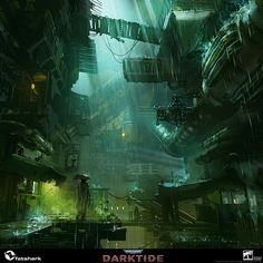 this image showcases a futuristic dystopian cityscape drenched in rain and bathed in a green hue. buildings are stacked precariously on top of each other, creating a claustrophobic and oppressive atmosphere. a lone figure stands on a platform, holding an umbrella against the relentless downpour. the perspective looks upward, emphasizing the towering structures and the sense of being dwarfed by the urban environment.  overall, the image evokes a sense of isolation, decay, and the relentless advance of technology.