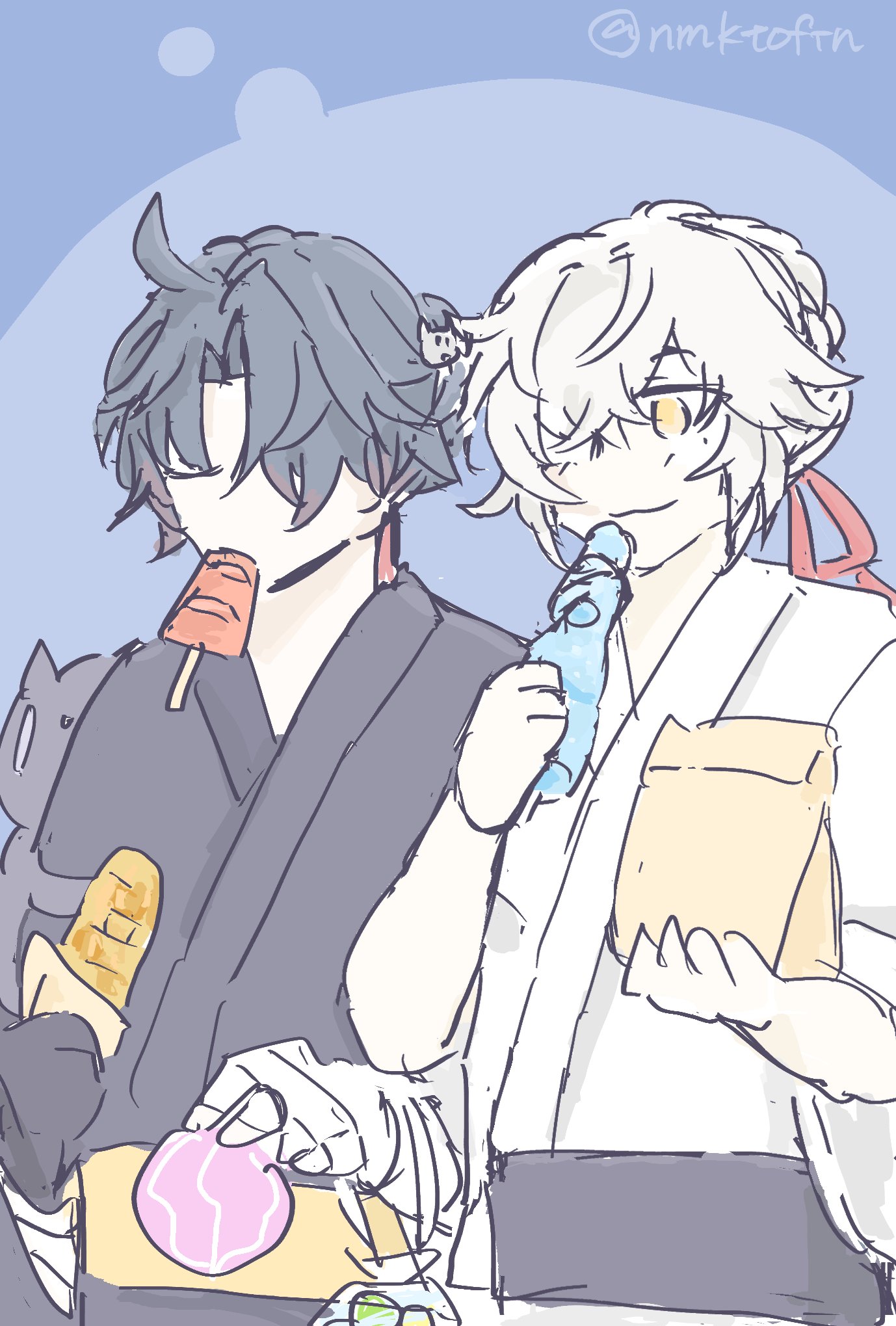 the image is a digital drawing or sketch in a soft, pastel anime style. it depicts two young men, possibly a couple or close friends. one has dark hair styled in a slightly messy manner and is wearing what appears to be a darkcolored kimono or yukata.  he's eating a popsicle. the other has long, lightcolored hair styled in a more refined way and wears a lightcolored kimono or yukatastyle garment. he's holding a bottled drink and what looks like a snack bag.  both are casually dressed and sitting close together, suggesting intimacy and comfort. the overall mood is light, sweet, and peaceful, possibly representing a summer outing. the artist's tag, "nmfkofn," is visible in the upper right corner.