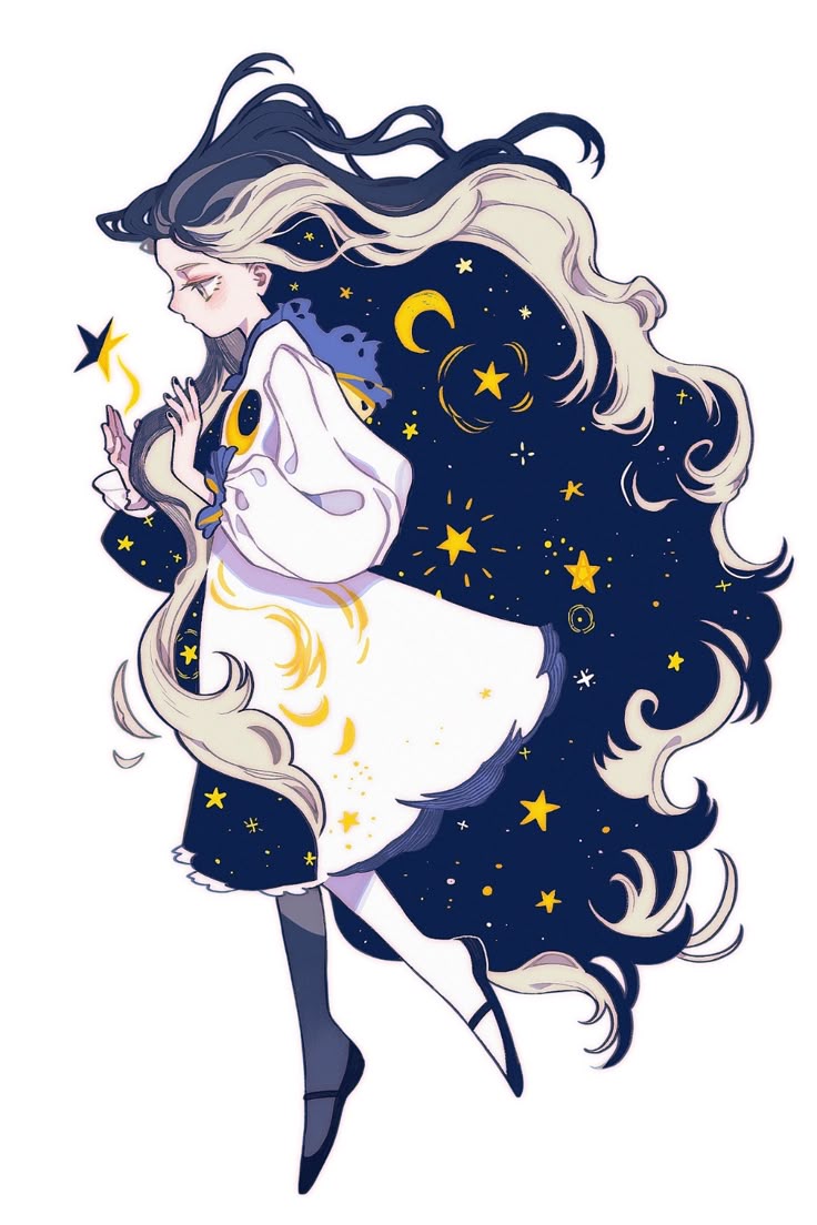 a digital art illustration of a girl in a dress with long flowing hair surrounded by stars and a moon. she is holding a star in her hand. the style is cartoonish and animated, suggesting a magical or fantasy theme.