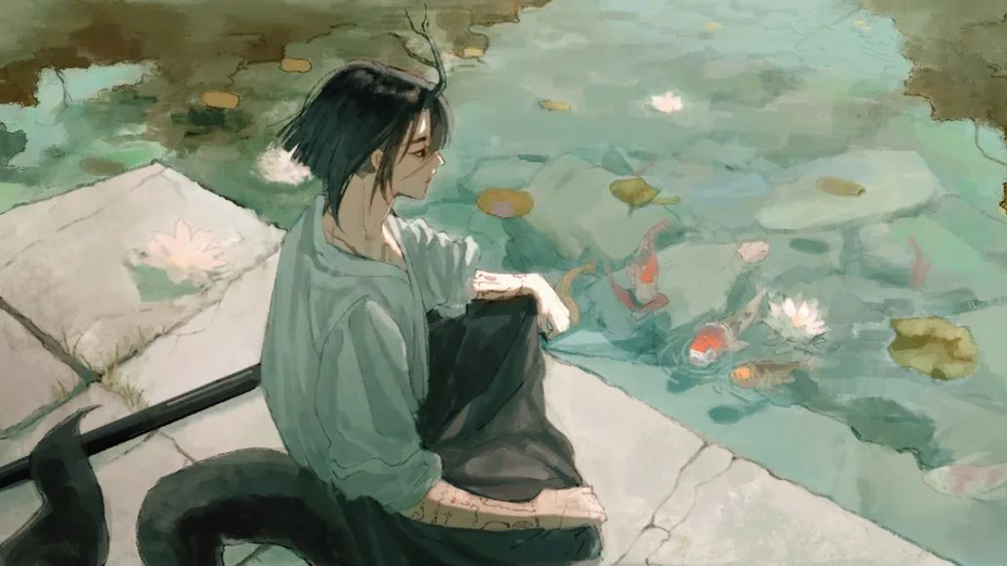 an anime style digital painting of a young male character sitting by a pond. he is dressed in a white longsleeved shirt and black pants. he has black hair and is looking off to the side. there are fish swimming in the pond, and lily pads on the surface of the water. the scene is serene and peaceful, with a dreamy feel. the character appears to be deep in thought, perhaps contemplating the beauty of the pond or the world around him.  the painting is done in a soft, muted color palette, with hints of green, blue, white, and gray.