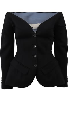 a black offshoulder blazer with long sleeves and a singlebreasted closure. the blazer is fitted at the waist and flares out at the bottom. it has a deep vneckline.  it appears to be made of a highquality, smooth fabric. the blazer would be perfect for a formal occasion or a night out.