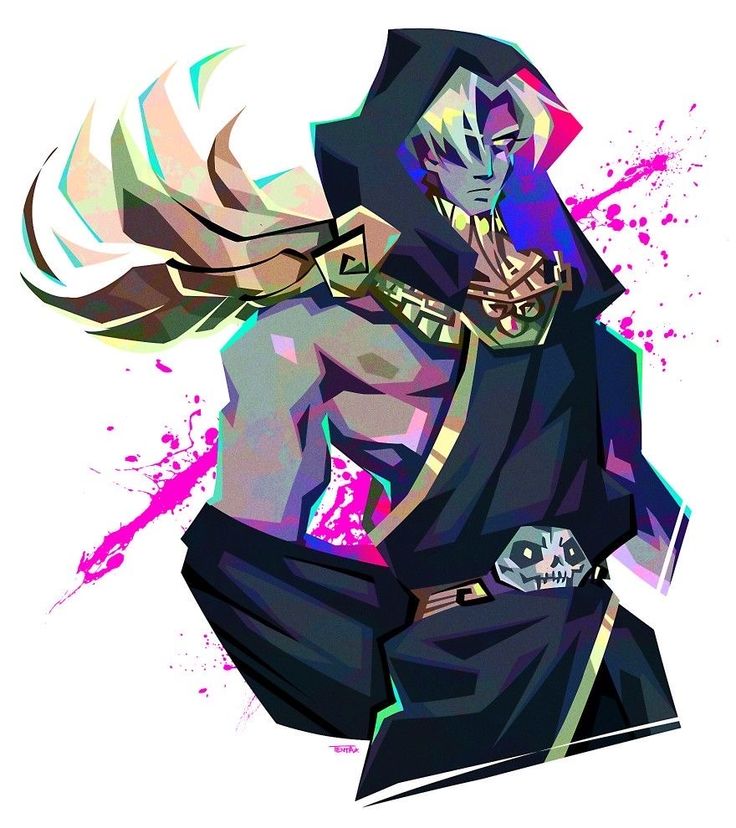 the image is a vibrant digital illustration of a stylized male character. he's depicted with long, lightcolored hair peeking out from under a dark, hooded cloak.  his attire includes a dark robe with gold accents, and a belt featuring a skull buckle. his physique is muscular, and his expression is serious. the art style is angular and graphic, with bold colors, particularly neon pinks and purples, against a mostly black and grey palette.  there's a dynamic splash of pink and purple paint effects around the character, adding to the overall energetic and dramatic feel. the overall style blends elements of anime, manga, and fantasy art.