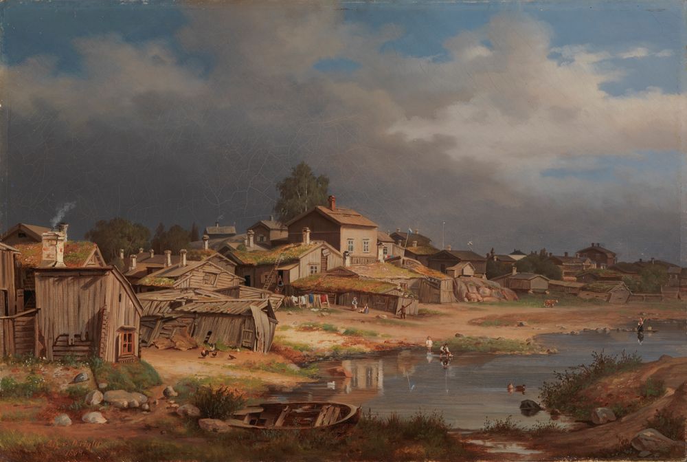 the image is a painting depicting a rural village scene. several wooden houses with grass roofs are clustered together, some with smoking chimneys. a small lake fills the foreground, reflecting the houses and sky. a few people are visible along the shore and in the water. a broken boat rests on the bank. the sky is overcast with dramatic clouds suggesting an approaching storm. chickens peck around near one of the houses, and ducks swim in the lake. a washing line is stretched between two buildings. the overall impression is of a quiet, somewhat weathered village by the water.