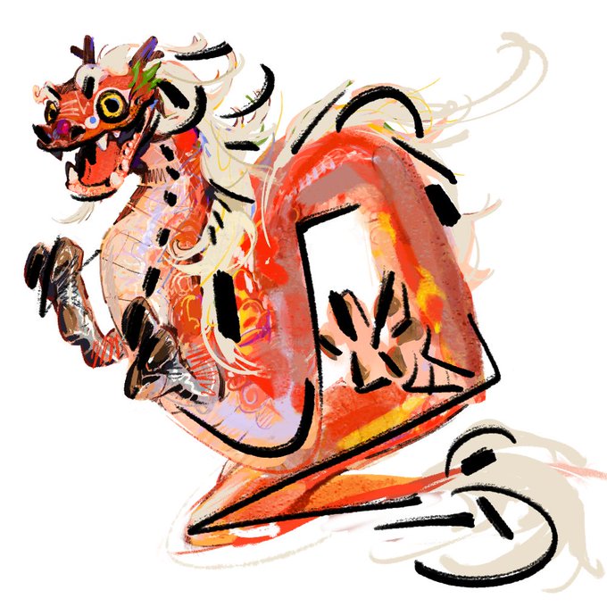 the image is a vibrant and dynamic illustration of a chinese dragon, rendered in a loose and expressive style. the dragon is depicted in midflight, its body contorted in a sinuous curve.  its scales and features are rendered in bold strokes of red, orange, and yellow, evoking a sense of energy and power. the use of black outlines and white space adds to the dynamism of the composition, creating a sense of movement and depth.
