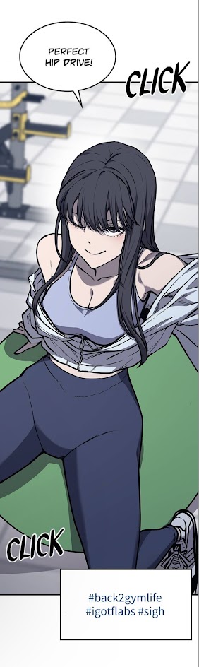 an anime woman with black hair and wearing blue leggings and a sports bra is sitting on a green exercise ball. she has a determined expression on her face and is smiling. the words "perfect hip drive!" are written in a speech bubble above her head. the words "click" are written twice on the page. a hashtag is written underneath the image that reads "#back2gymlife #igotflabs #sigh"