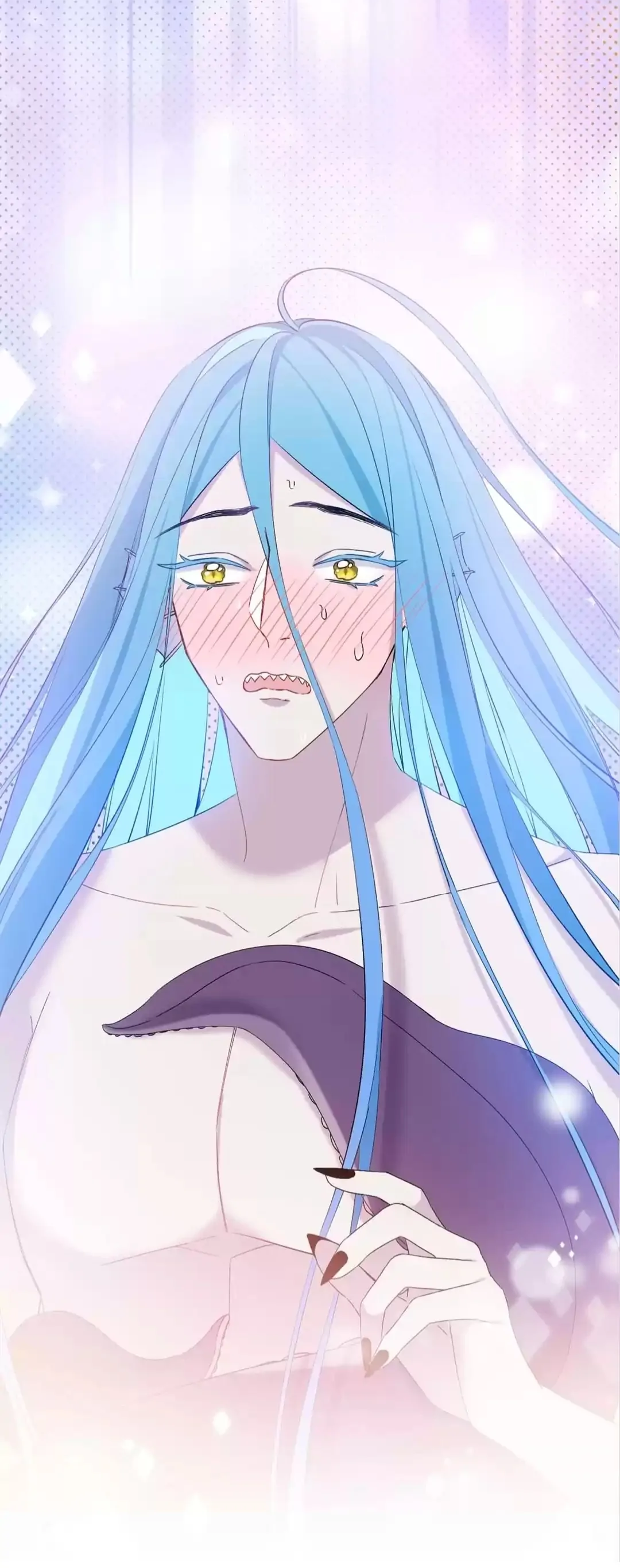 the image is a closeup illustration of a young woman with long, vibrant blue hair. she is blushing, with rosy cheeks and a slightly embarrassed expression. her eyes are large and expressive, with golden highlights. she appears to be wearing a dark, flowing garment, possibly a dress or robe. the background is a soft, light purple with a dreamy, ethereal quality. the overall style is reminiscent of anime or manga, with emphasis on soft lines, delicate details, and a romantic atmosphere.  the character's pose and expression suggest shyness or a moment of vulnerability.