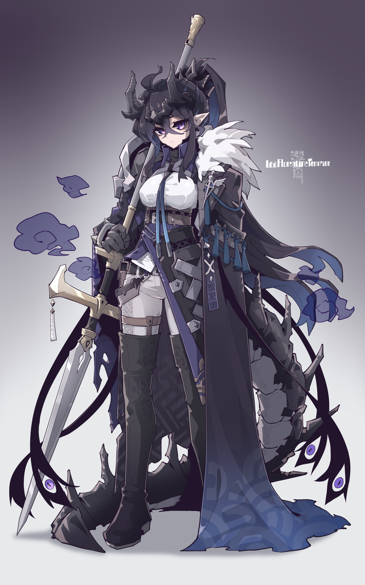 a fullbody anime illustration depicts a darkhaired female character with elf ears and black horns. she is dressed in armor, a white top, short white pants, thighhigh black boots, and a long black dress with blue accents at the hem. a white fur shawl adorns her shoulders. she wields a large sword and possesses a black tail with eyelike designs.
