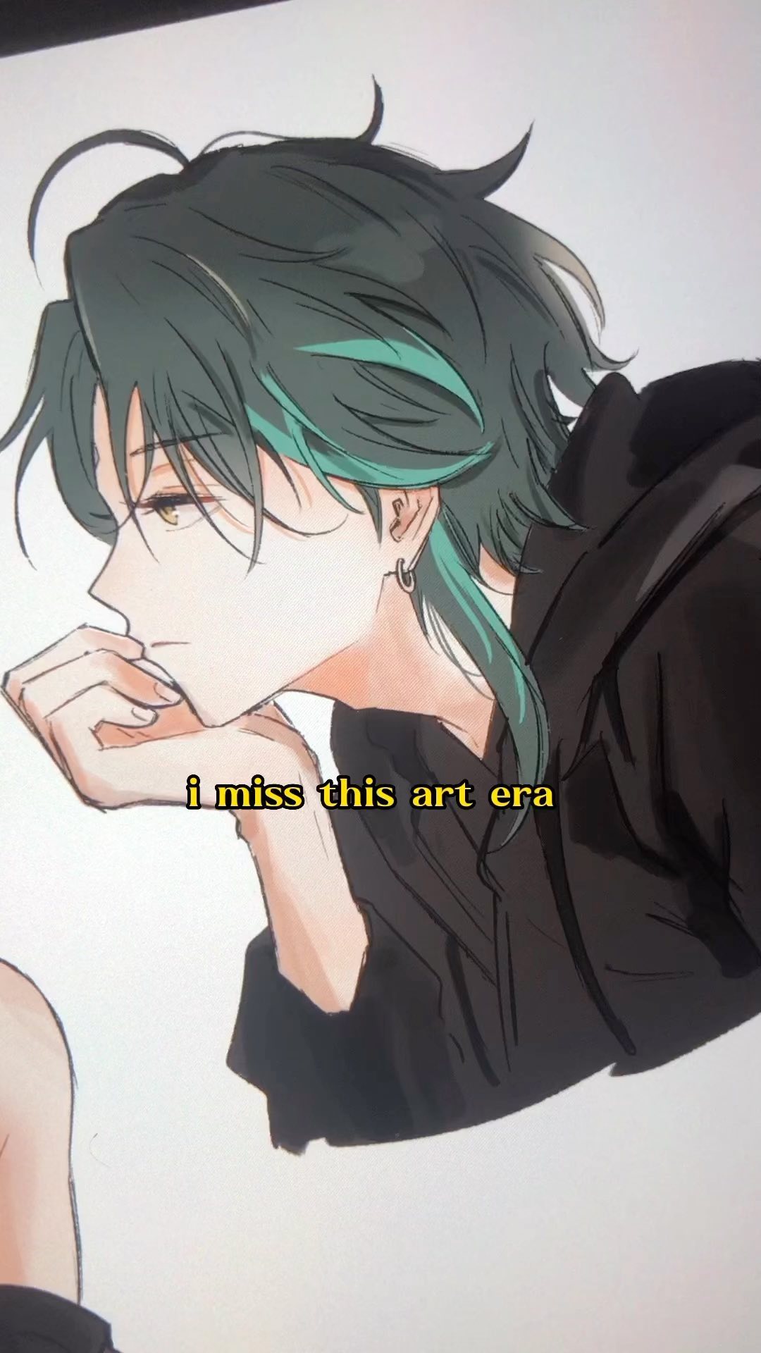the image shows a digital drawing of an animestyle boy. he has long, dark green hair with teal highlights, and is wearing a black hoodie. his expression is pensive, and his hand is resting on his chin. the art style is reminiscent of a specific era of online art, possibly 2010searly 2020s, with soft shading and slightly blurred lines. a text overlay says "i miss this art era". the overall aesthetic is soft, melancholic, and nostalgic.