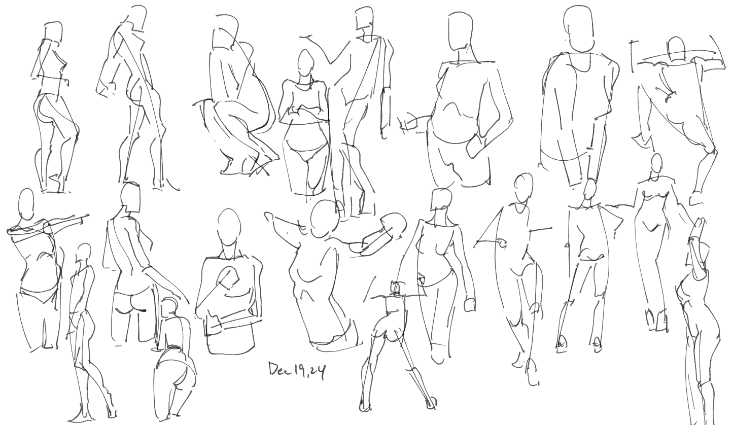 he image contains a collection of quick gesture drawings of human figures in a variety of poses. the style is loose and expressive, emphasizing movement and form rather than precise detail.  the drawings are done in ink or pen, with thin, flowing lines.  the date "dec 19, 24" is written in the lower center of the page, suggesting the date the sketches were made. the figures are diverse in their postures and clothing suggestions (or lack thereof), showcasing a range of human movement and form.  the overall impression is one of a rapid, spontaneous artistic exercise focusing on capturing the essence of human form in motion.